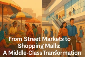Illustration showing the shift from Indian street markets to modern shopping malls, symbolizing middle-class transformation.