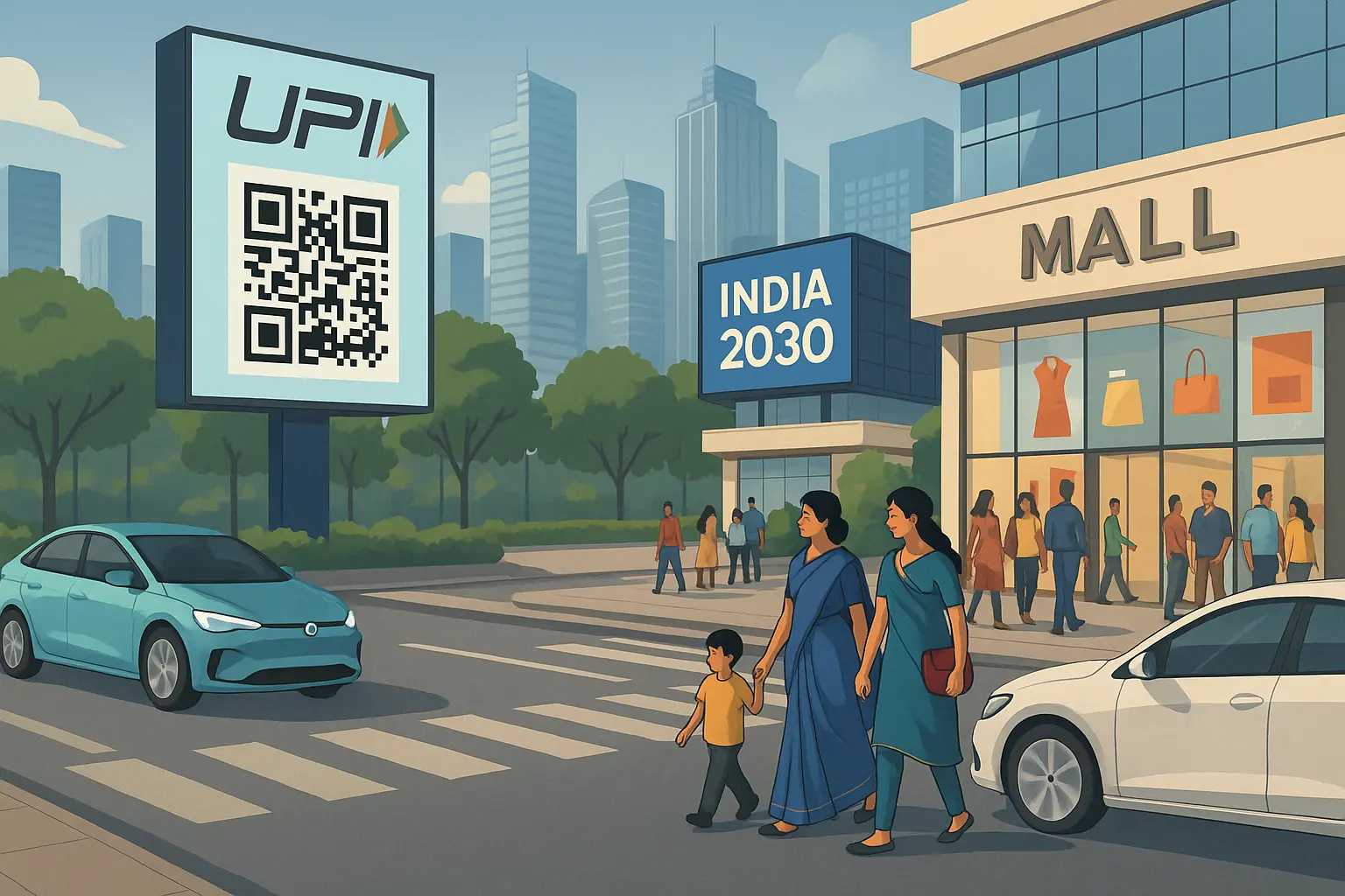 Visionary illustration of India 2030 with EVs, malls, and digital payments