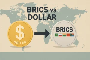 BRICS vs Dollar global currency shift illustration with two coins and world map background