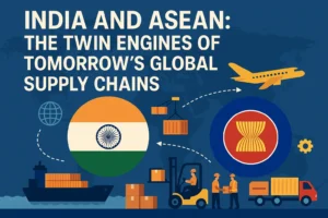 Illustration showing India and ASEAN as key drivers of global supply chains, featuring shipping containers, cargo ship, airplane, trucks, and flags of India and ASEAN