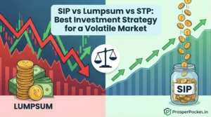 A split-screen comparison illustration showing Lumpsum investing with a volatile red market chart versus SIP investing with a steady green growth chart, designed for ProsperPocket.in.