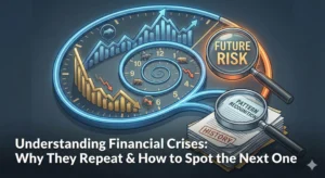 A conceptual illustration of a financial time spiral featuring stock market charts, bull and bear icons, and magnifying glasses analyzing history and future risks.