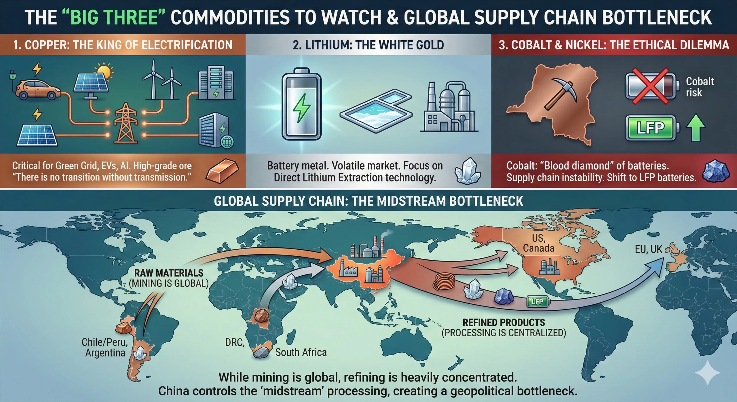 A world map showing raw materials flowing from Africa and South America into China, where they are refined, and then flowing out to the US and Europe.
