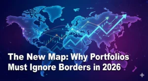 A stylized world map showing bright glowing connections between emerging market countries like India, Brazil, and Indonesia, contrasting with the US and Europe, symbolizing the shift in economic power.