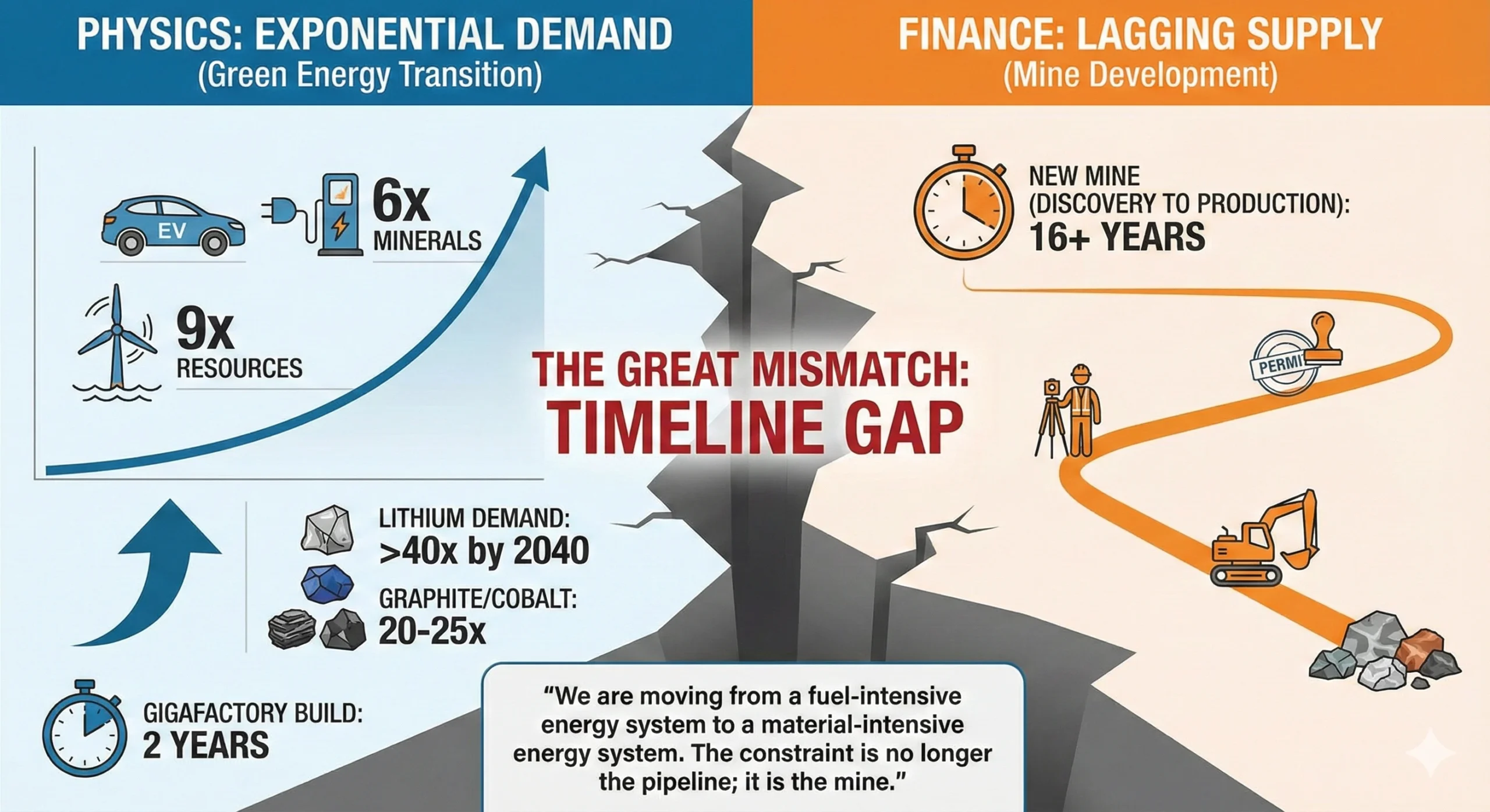 A line graph showing two lines. The red line (Demand) shoots vertically upwards. The blue line (Supply) rises very slowly. The space between them is shaded red and labeled 'The Supply Gap'.