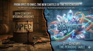 A split composition image. Left side shows a rusty oil barrel labeled OPEC. Right side shows glowing lithium crystals and copper coils labeled OMEC.