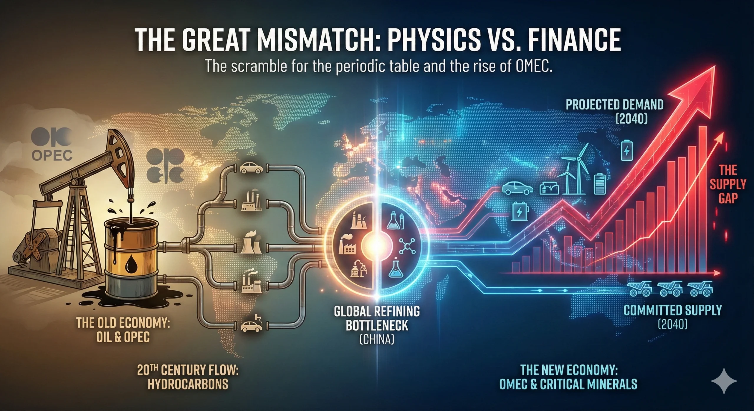 A split composition image: On the left, a rusting oil barrel representing the 20th century. On the right, glowing crystalline lithium and copper wire representing the 21st century.