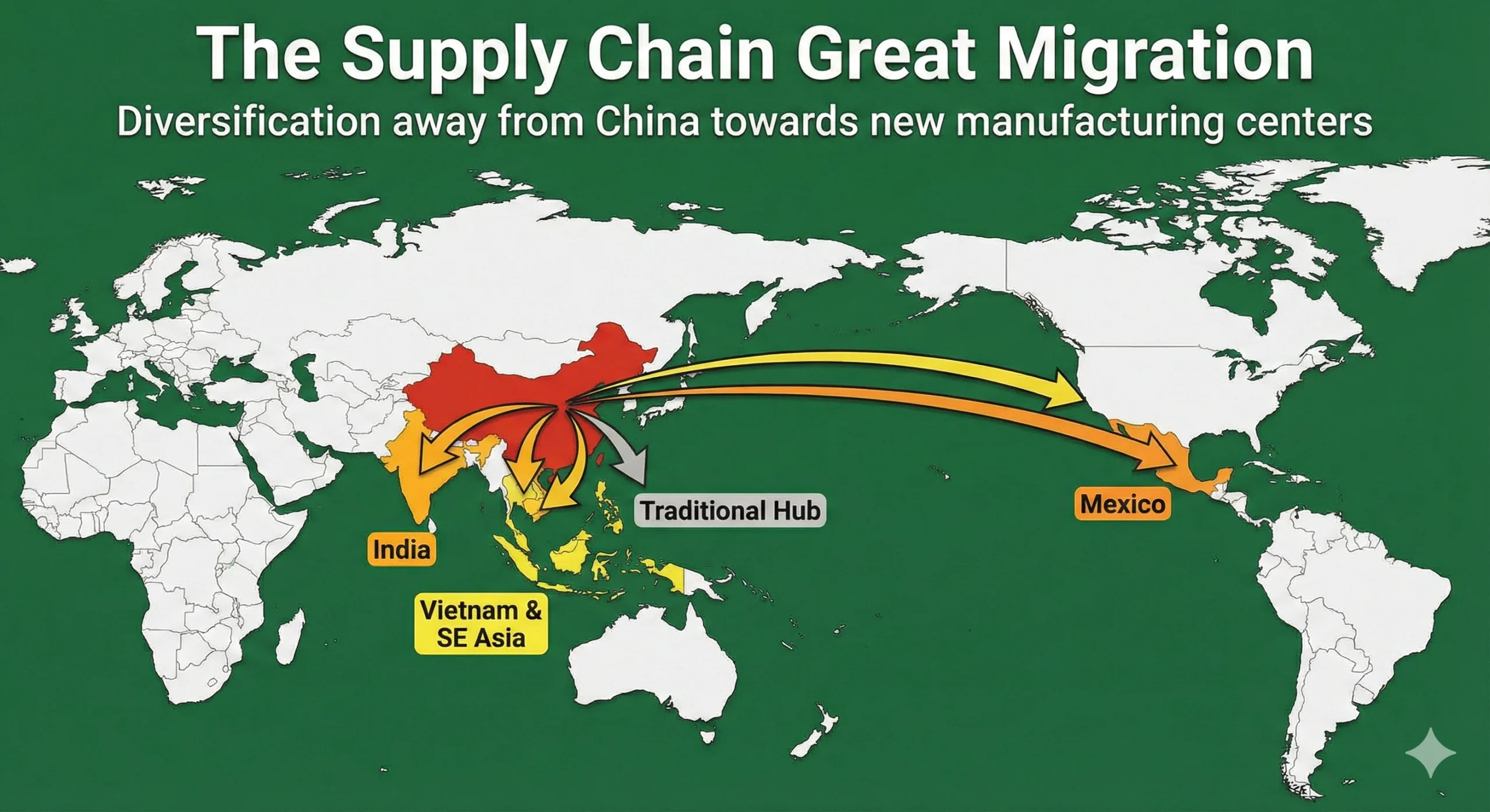 A map showing trade route arrows diverting away from China and pointing towards Vietnam, India, and Mexico.