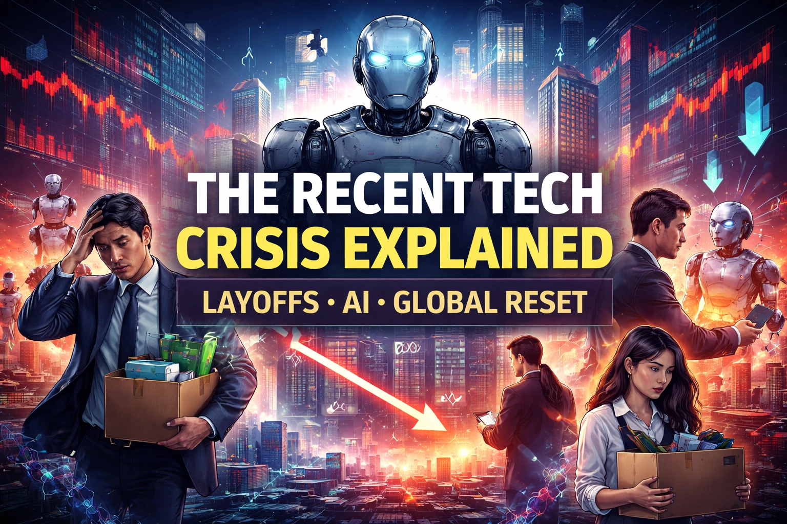 Global tech crisis illustration showing AI growth layoffs and stock market volatility