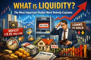 Liquidity explained illustration showing RBI liquidity deficit, ATM no cash sign, stock market charts, loans on hold and financial stress concept