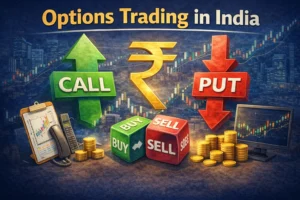 Options trading illustration showing retail traders, derivatives charts, government regulations, SEBI reforms and rising STT impact on speculative trading in India