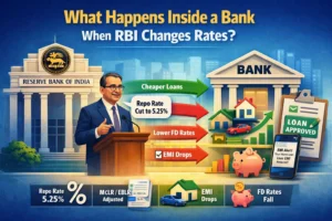 Illustration showing RBI repo rate transmission explaining how rate cuts affect bank loans, EMIs, fixed deposits and the Indian economy