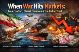 Oil tanker explosion in Strait of Hormuz with missile strike and falling stock market chart representing the economic impact of the Iran conflict on global markets and India
